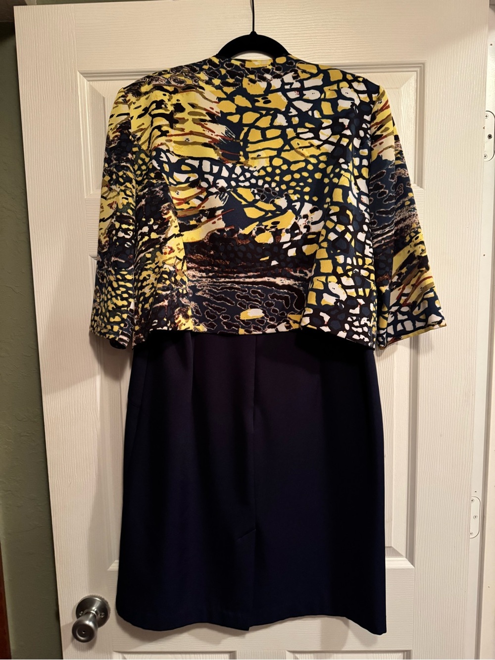 Maya Brooke 2pc Sz 14 Yellow & Navy Printed Jacket with Navy Sheath dress Set - Picture 7 of 13